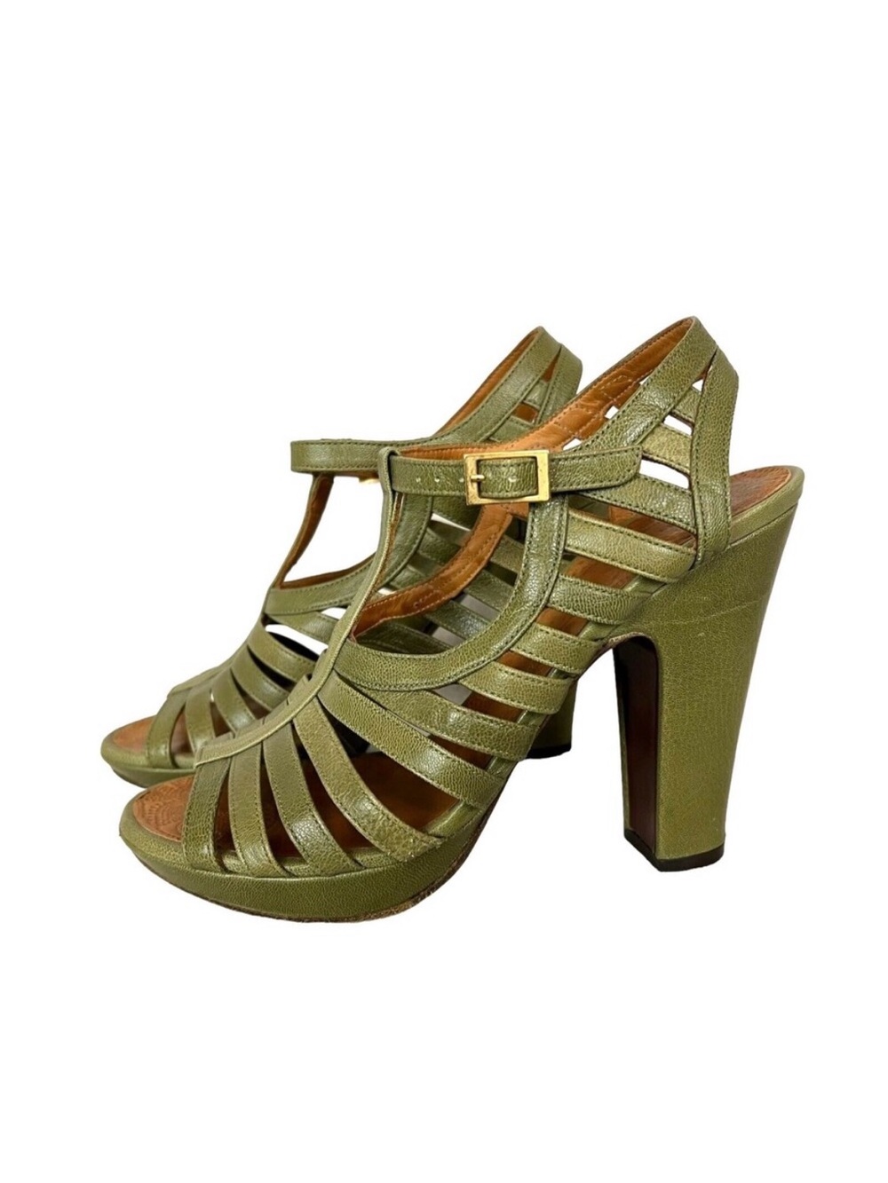 Chie Mihara Leather Olive Green Cage Platform Sandals Size 38